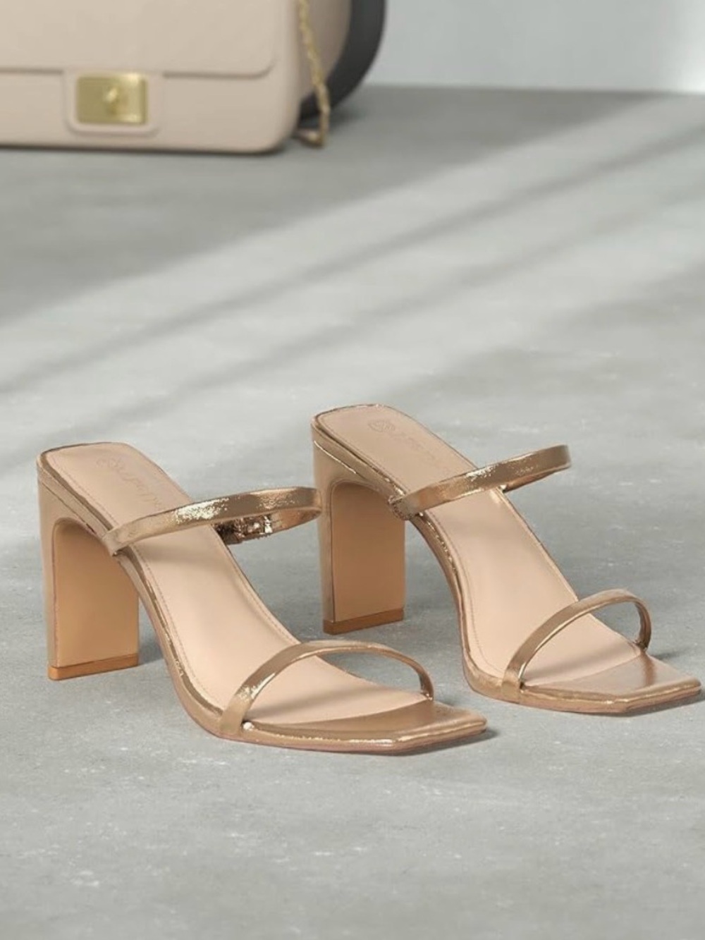 The Drop Metallic Nude Strap Block Heels